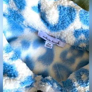 blue and white fuzzy,thick jacket. brand new, never worn